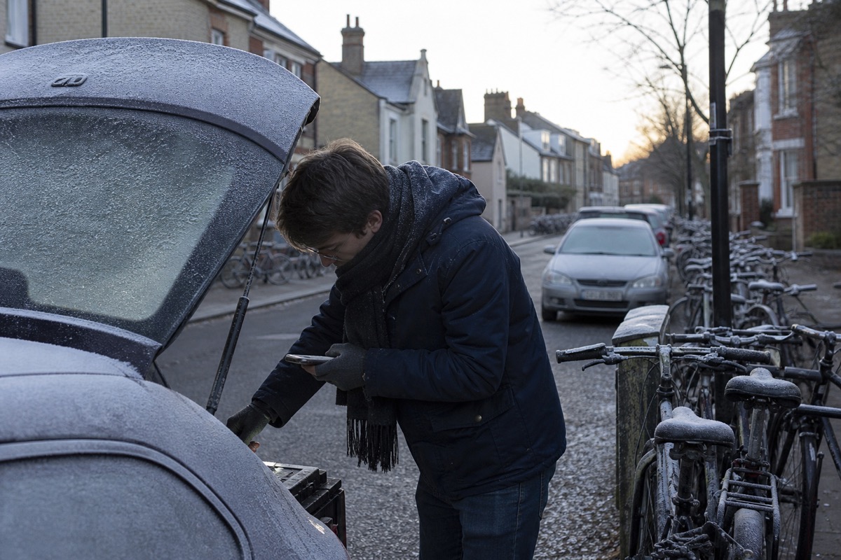 Winter flat battery check on a Cambridge residential street
